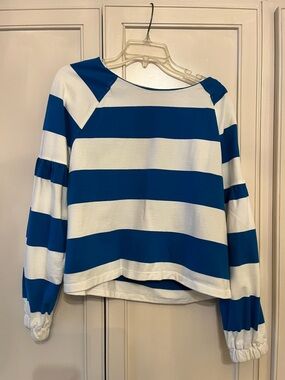 Maeve Anthropologie Blue and White Striped Boatneck Bell-Sleeve Top
